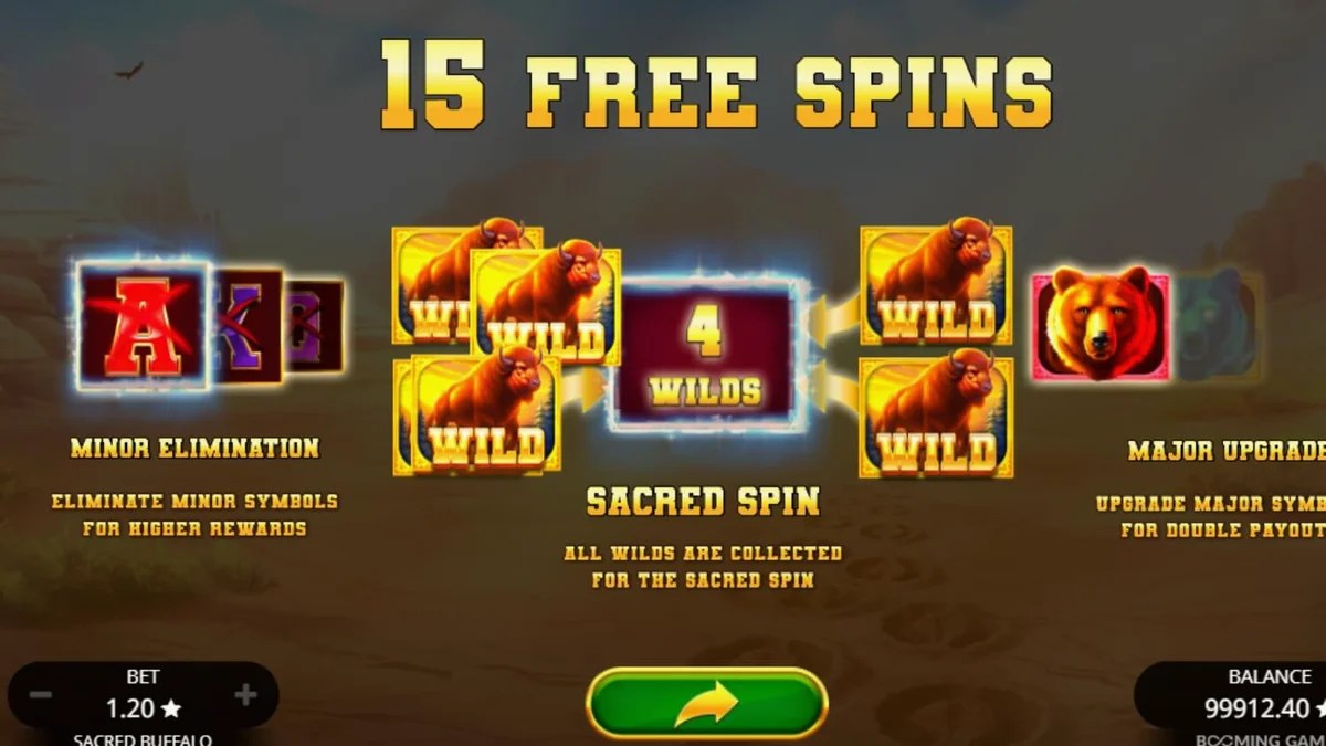 Pemandangan dataran luas Western dengan simbol Buffalo dalam slot Sacred Buffalo