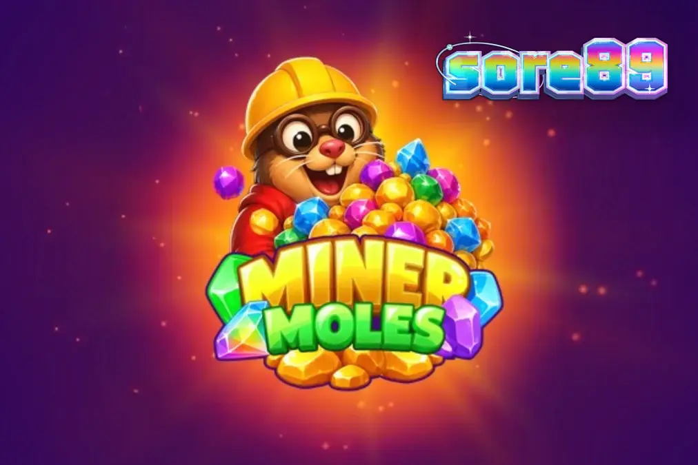 Tampilan visual slot Miner Moles dengan karakter tikus tanah dan gua kristal